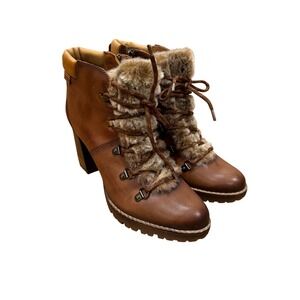 Pikolinos Connelly Brown Leather Fur Trim Lace Up Ankle Boots Women 7.5-8 EU 38